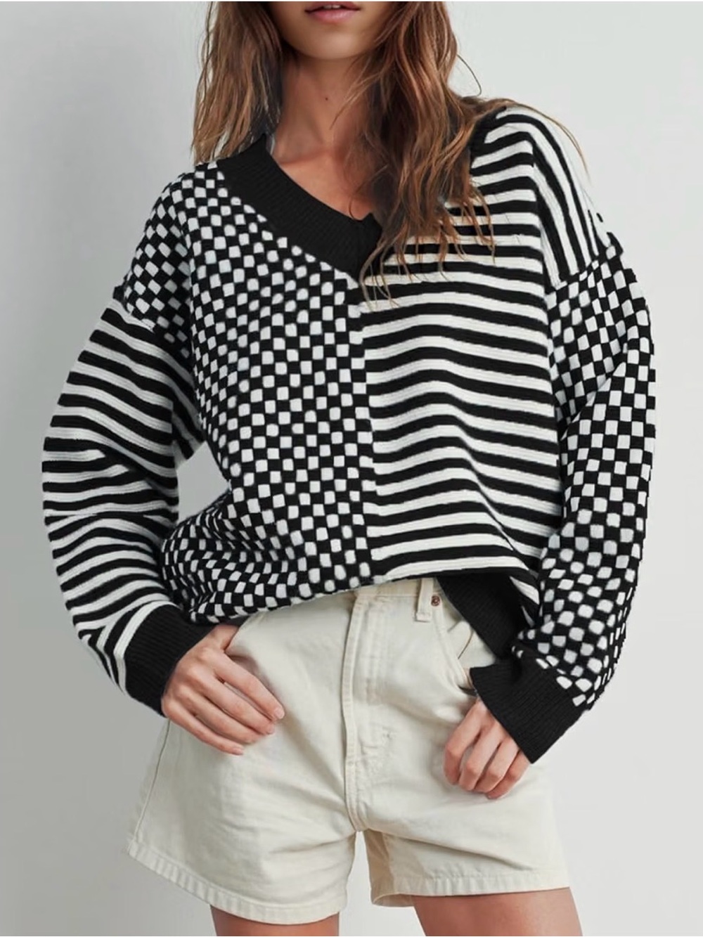A435 UNCLECAT Striped Checkered Long Sleeve Sweater V Neck BLK/White NEW MEDIUM